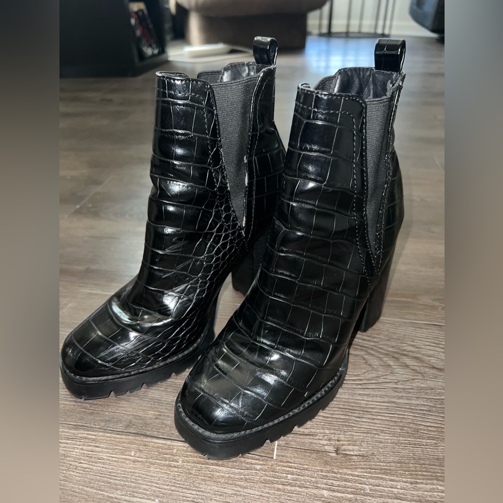 Steve Madden Glossy Black Croc Ankle Booties